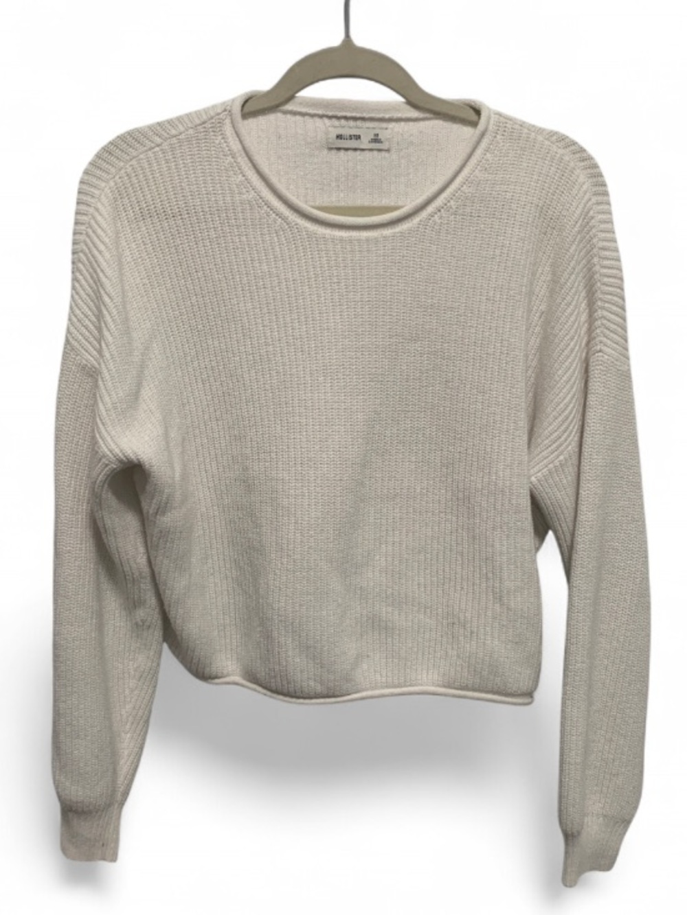 Hollister White Ribbed Crewneck Cropped Sweater